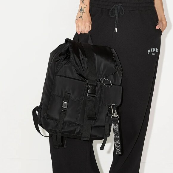 PINK VICTORIA'S SECRET Black Nylon Cargo Backpack Fits up to a 15" Laptop**NEW! - Picture 4 of 5
